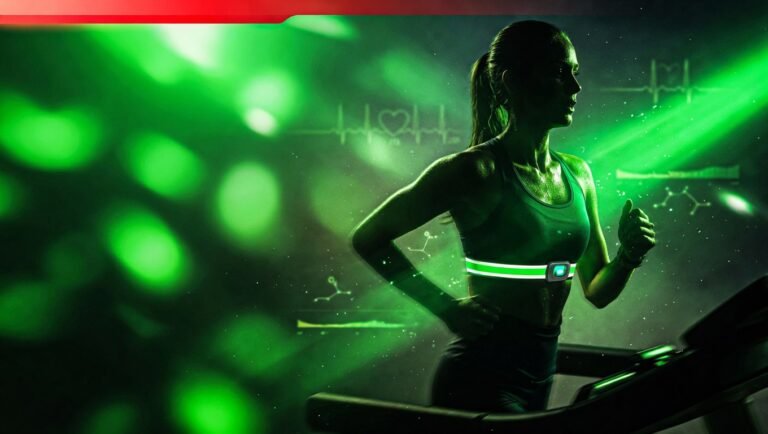 Silueta de corredor en cinta de correr con monitor cardíaco al amanecer sobre fondo índigo profundo con iluminación verde-bio editorial y elementos de visualización de datos cardiometabólicos al fondo.