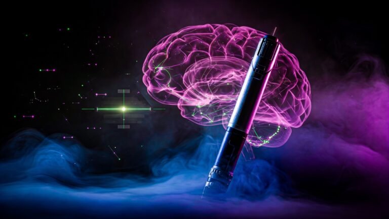 Pluma de inyección de Ozempic semaglutida con silueta cerebral de fondo en tonos violeta y verde clínico