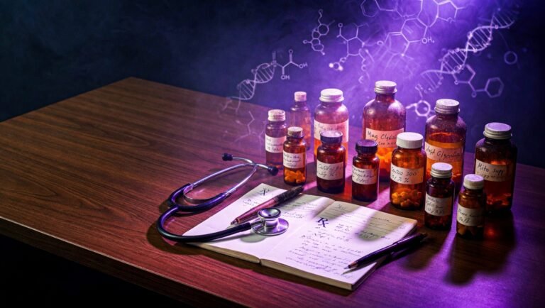 Escritorio médico con estetoscopio, recetario abierto con notas manuscritas y múltiples botellas farmacéuticas ámbar sin etiquetar agrupadas sobre superficie de madera, iluminación violeta editorial con hélice de ADN sugerida al fondo.