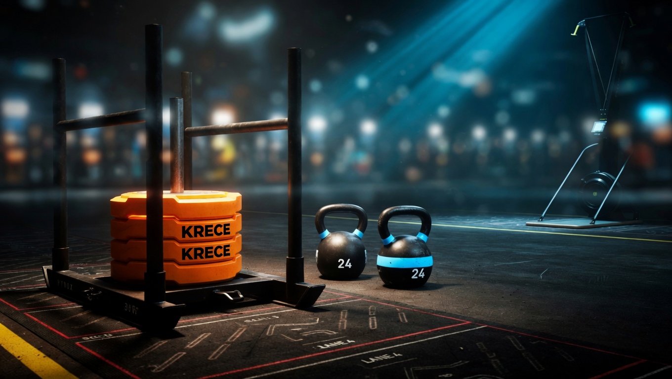 Sled de Hyrox con discos ámbar en primer plano sobre carril de carrera, kettlebells y SkiErg al fondo en penumbra cinematográfica.