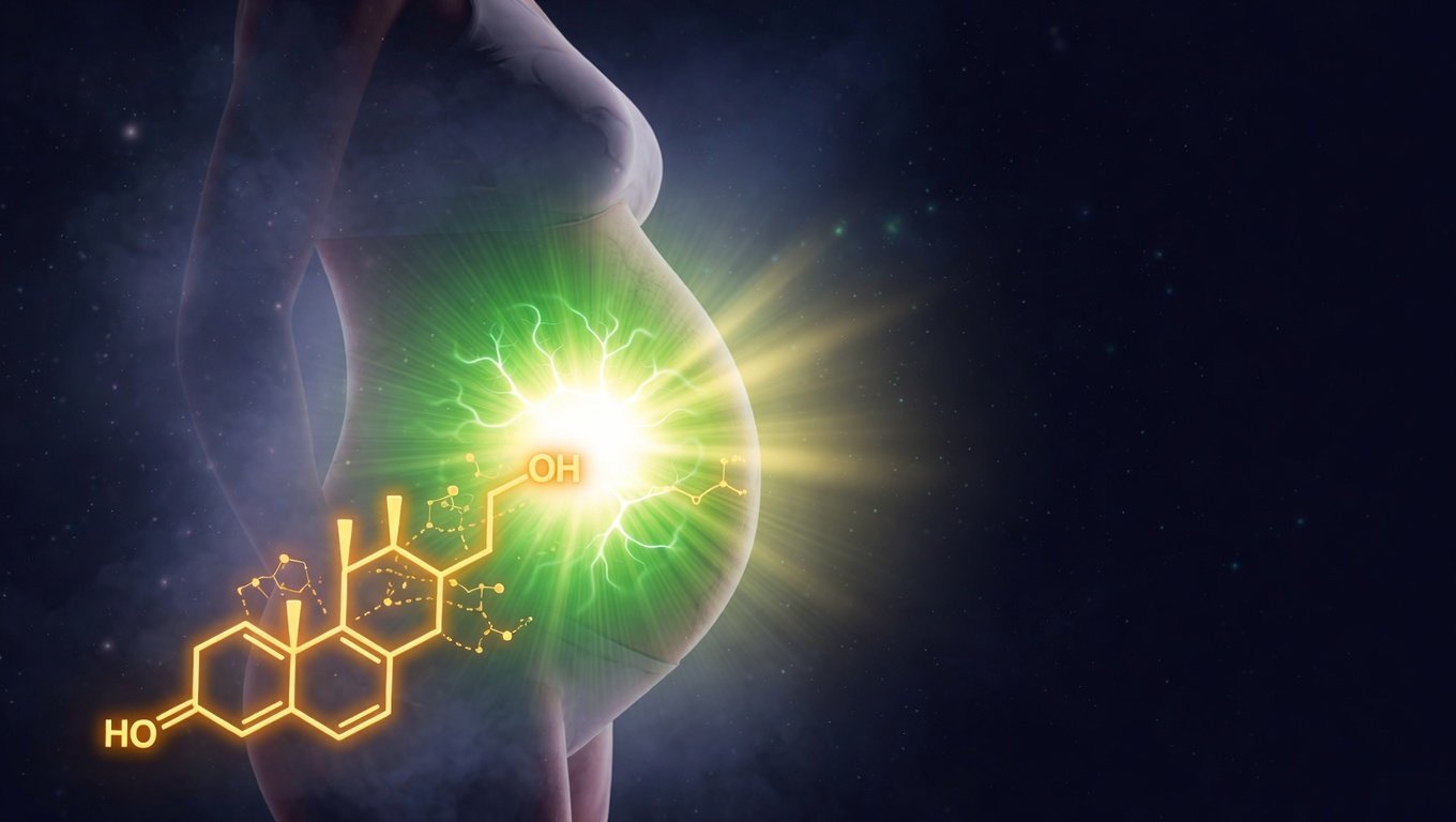 Silueta de mujer embarazada con resplandor verde Longevity en el abdomen y estructura molecular de vitamina D3 colecalciferol en primer plano sobre fondo índigo.