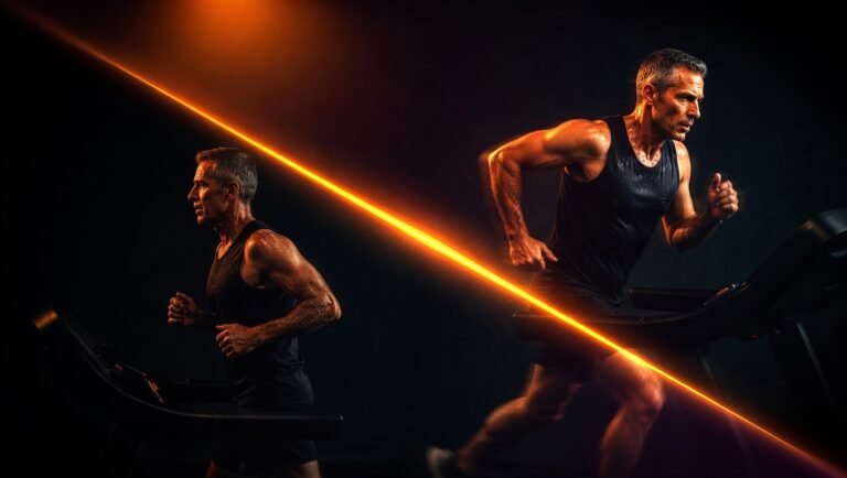 Comparativa visual entre dos adultos atléticos de unos 50 años entrenando en cintas idénticas en gimnasio industrial minimalista — uno corriendo a ritmo moderado constante, otro esprintando en intervalo de alta intensidad — separados por una línea diagonal amber sobre fondo navy-black vignette, metáfora visual del debate HIIT vs MICT.