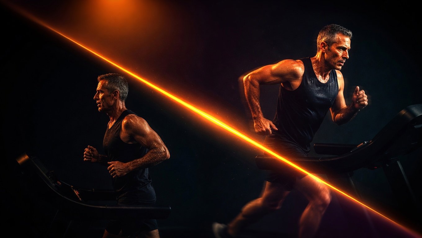 Comparativa visual entre dos adultos atléticos de unos 50 años entrenando en cintas idénticas en gimnasio industrial minimalista — uno corriendo a ritmo moderado constante, otro esprintando en intervalo de alta intensidad — separados por una línea diagonal amber sobre fondo navy-black vignette, metáfora visual del debate HIIT vs MICT.