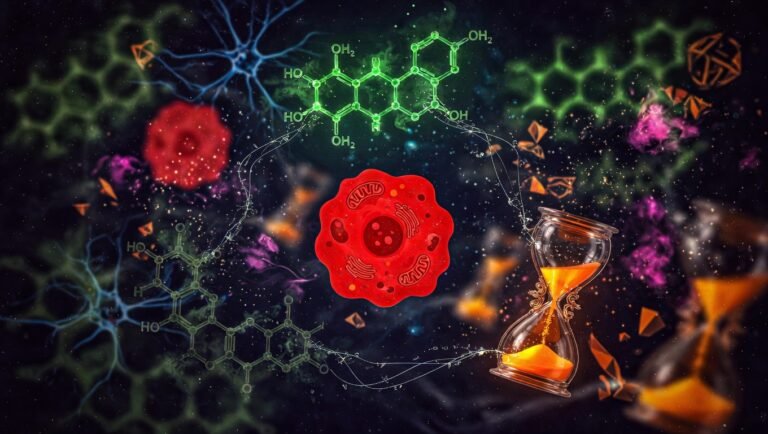 Triada molecular quercetina-fisetina-ayuno con conexiones rotas alrededor de una célula senescente intacta sobre fondo índigo profundo