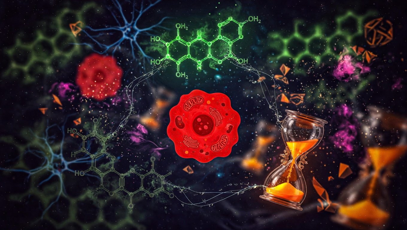 Triada molecular quercetina-fisetina-ayuno con conexiones rotas alrededor de una célula senescente intacta sobre fondo índigo profundo