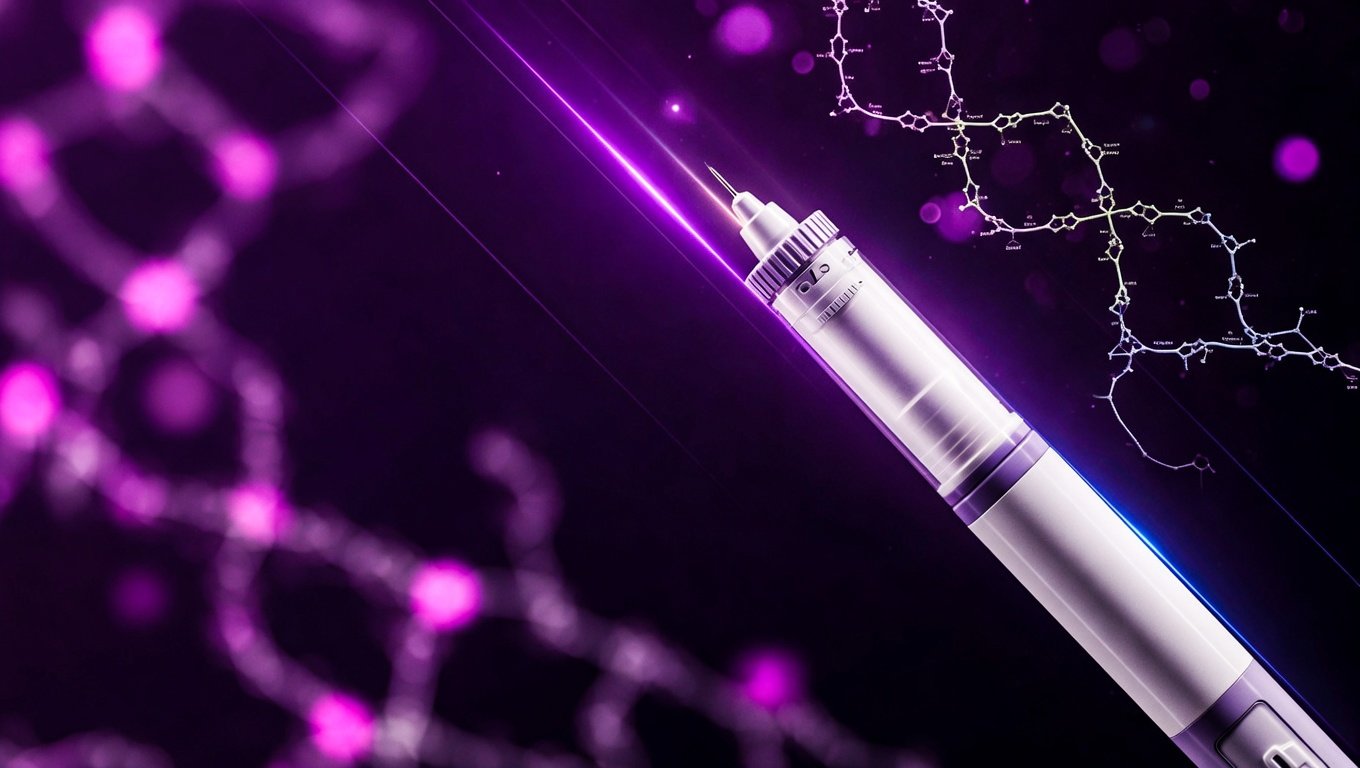 Pluma inyectable precisa contra fondo violeta oscuro con estructura molecular translúcida de triple agonista al fondo.