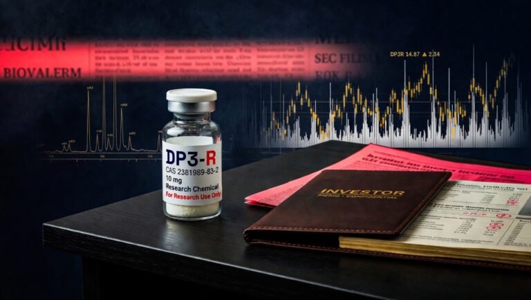 Vial liofilizado con etiqueta DP3-R y carpeta investor memo confidencial sobre escritorio editorial con glow salmón al fondo.