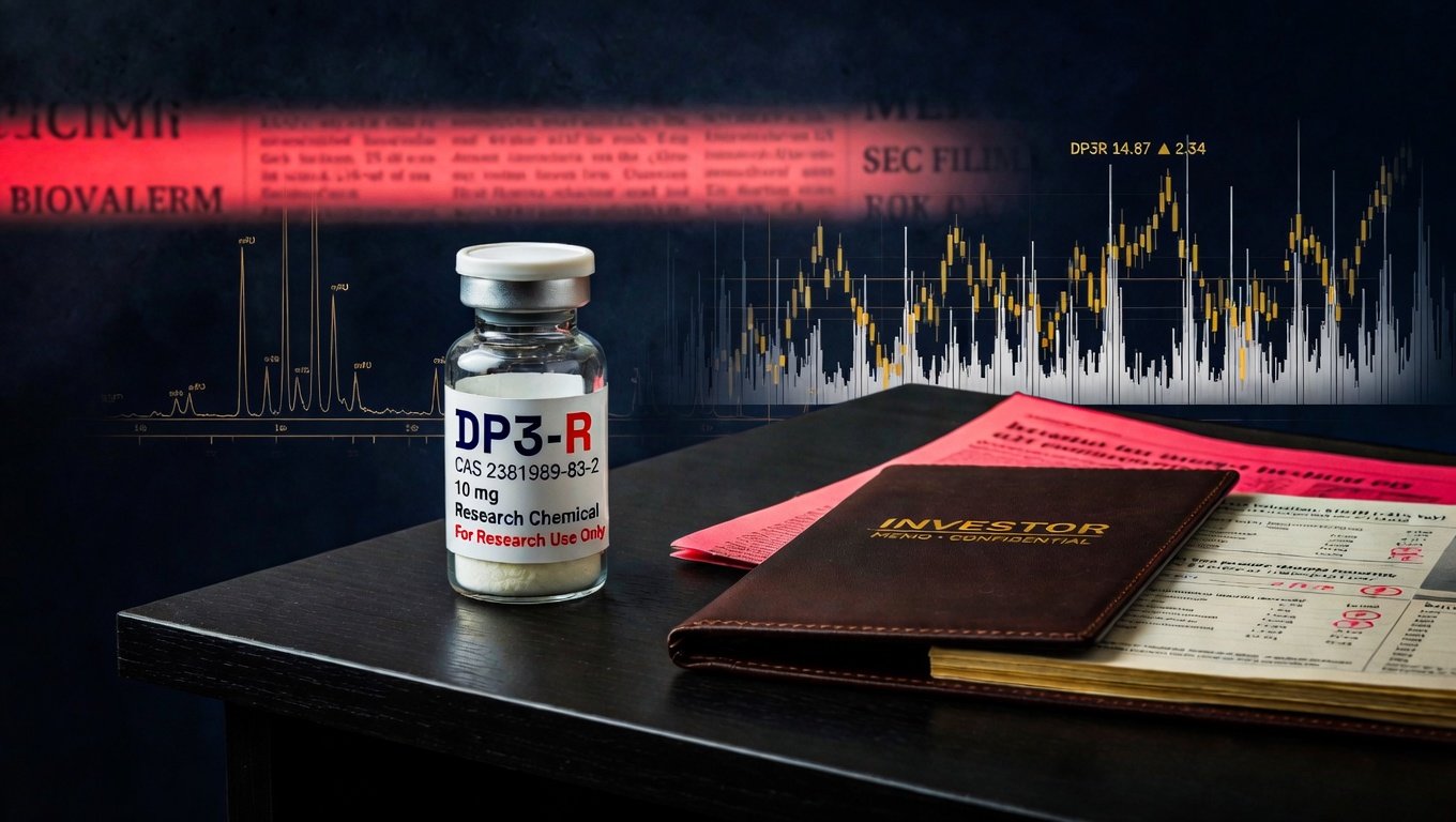 Vial liofilizado con etiqueta DP3-R y carpeta investor memo confidencial sobre escritorio editorial con glow salmón al fondo.