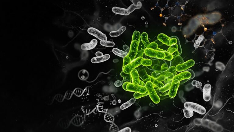 Ilustración editorial microscópica de un cluster de bacterias intestinales CAG-170 en verde bioluminiscente esmeralda sobre fondo índigo profundo, con estructuras moleculares de vitamina B12 sugeridas en ámbar y fragmentos de hélice de ADN al fondo.