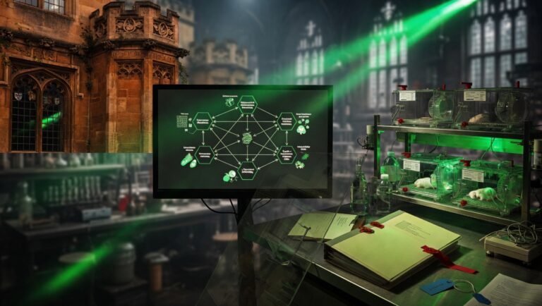 Entorno de investigación translacional con arquitectura Trinity Hall Cambridge, framework SENS de las 7 categorías de daño en pantalla científica, caja de ratones de laboratorio del programa RMR, y carpeta legal del informe de investigación 2021, iluminación verde-bio editorial.