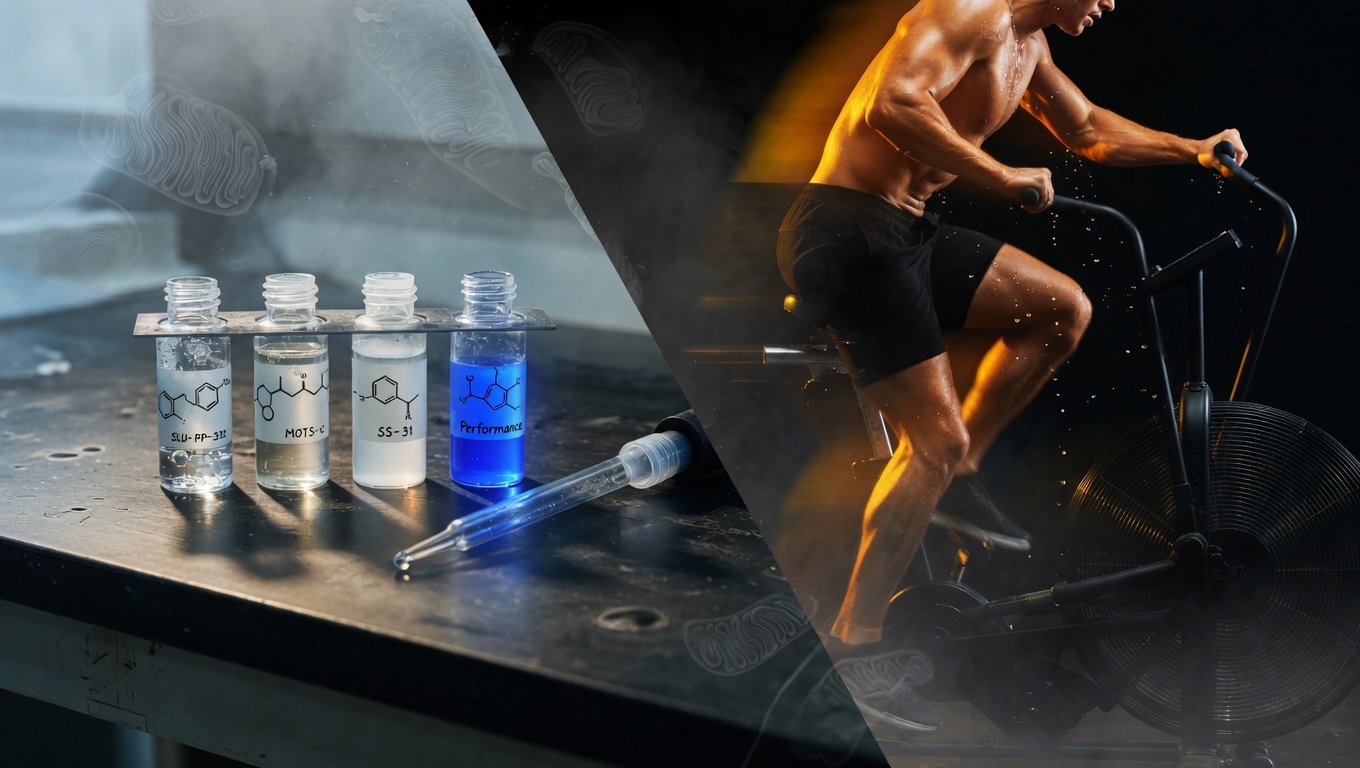 Composición editorial contrastando cuatro viales de laboratorio con compuestos químicos exercise mimetics (SLU-PP-332, MOTS-c, SS-31, azul de metileno) frente a atleta realizando HIIT explosivo en assault bike con iluminación ámbar performance.