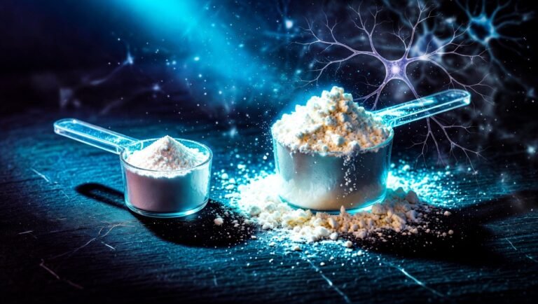 Dos cucharones de laboratorio con creatina monohidrato en polvo blanco mostrando contraste entre 5 gramos y 25 gramos sobre fondo índigo profundo con red neuronal cyan tenue al fondo.