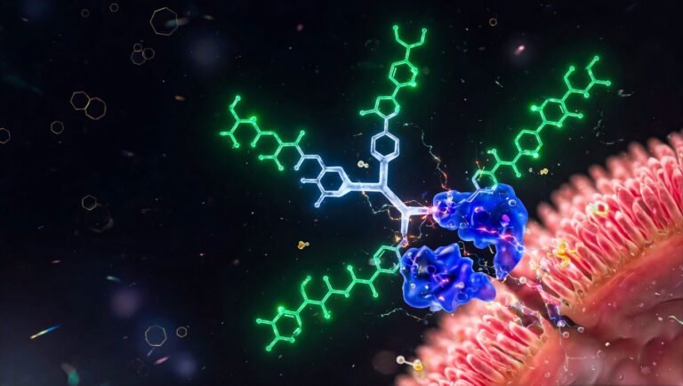 Molécula de tributirina con glicerol central y tres butiratos verdes siendo hidrolizada por lipasa pancreática translúcida en lumen intestinal sobre fondo índigo profundo