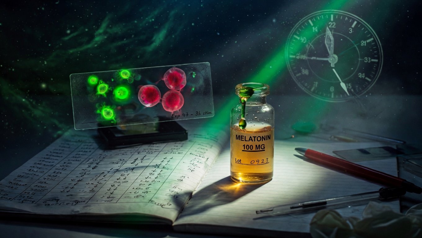 Vial farmacéutico ámbar de melatonina 100 mg en banco de laboratorio con portaobjetos de microscopio con células NK (verde) y CD4+ (rojo), cuaderno con curvas dosis-respuesta, iluminación verde-bio editorial con esfera circadiana sugerida al fondo.