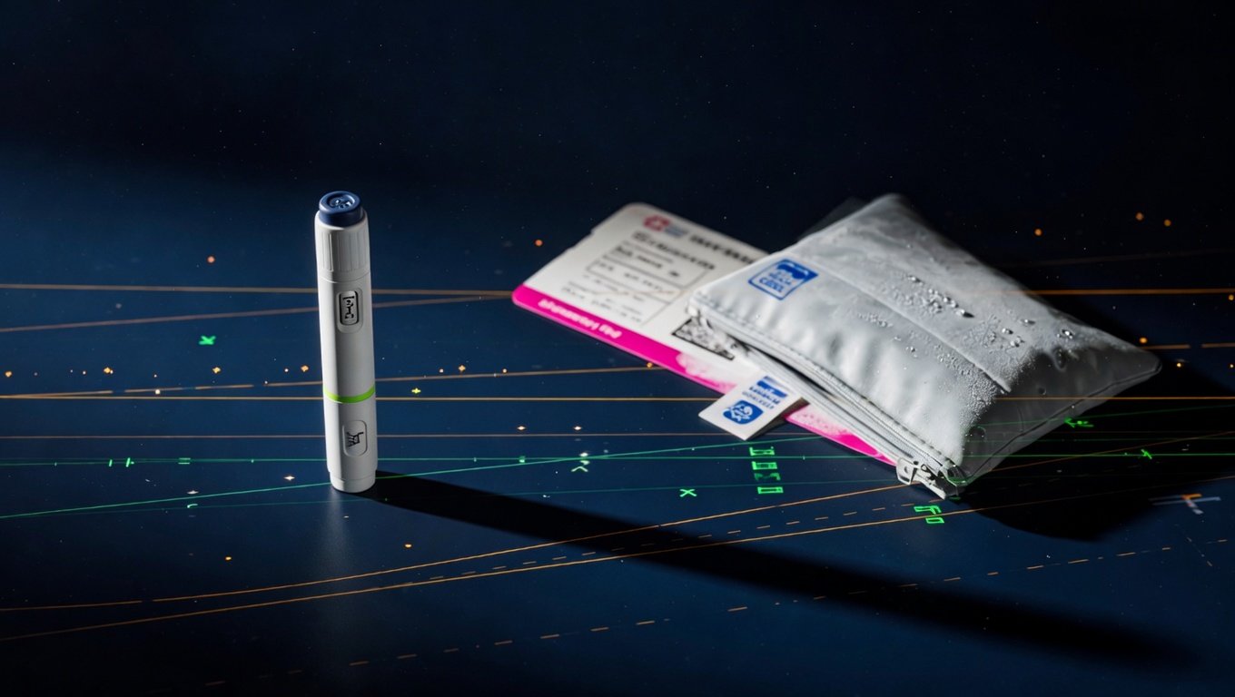 Pluma inyector peptídico junto a tarjeta de embarque desenfocada y bolsa térmica para medicamentos sobre fondo índigo profundo, símbolo del cruce entre regulación TSA-CBP-FDA y la logística de viaje del paciente peptídico.