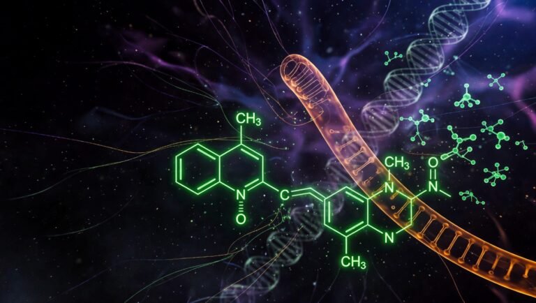 Estructura molecular de ácido fólico en verde Longevity con cadena de ADN y ciclo de metilación sobre fondo índigo y silueta del tubo neural fetal.