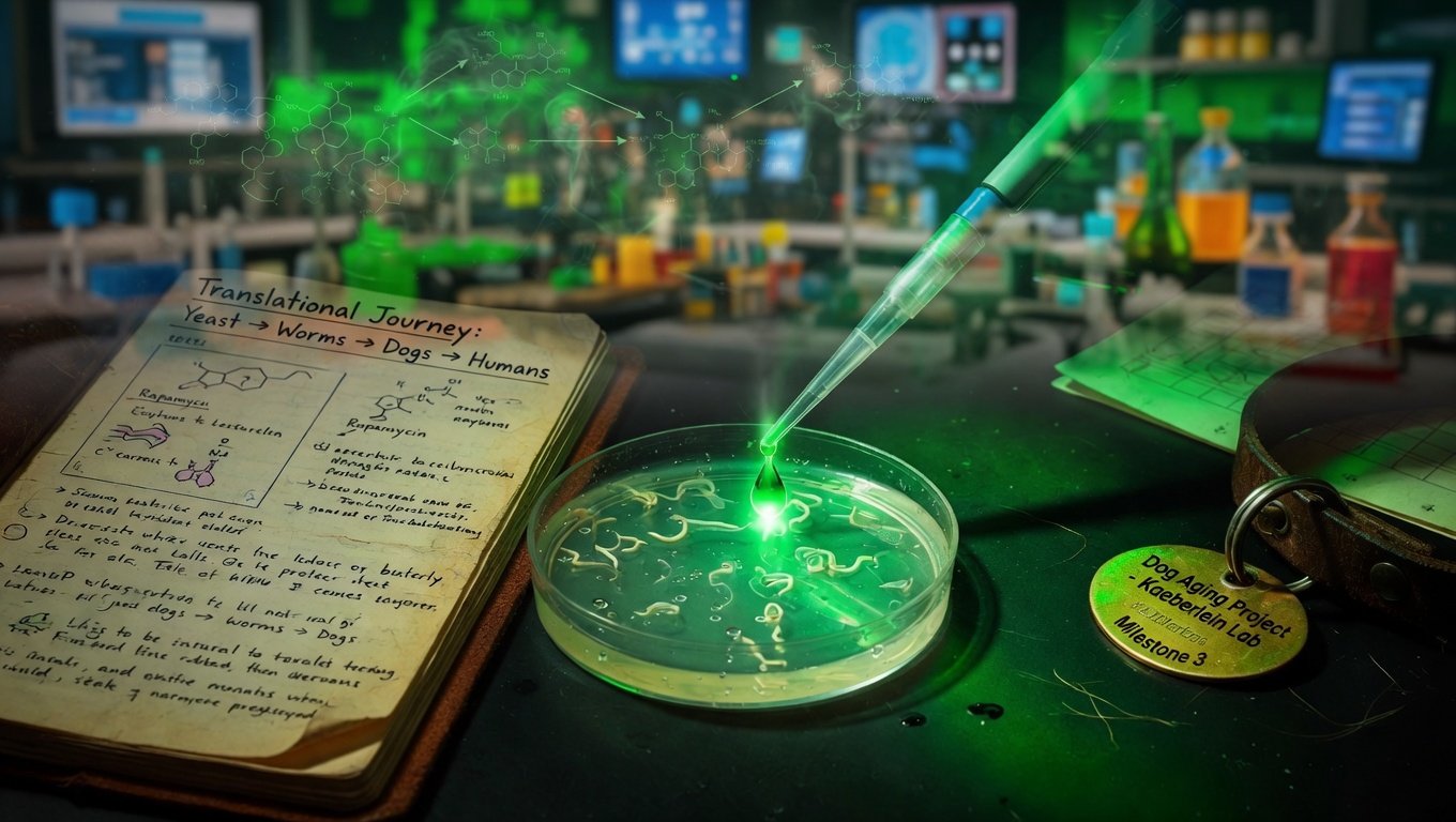 Mesa de laboratorio de investigación con estructura molecular de rapamicina en papel envejecido, pipeta de precisión y placa Petri con gusanos C. elegans, y placa identificativa de collar canino con desgaste, iluminación verde-bio editorial con diagramas mTOR fantasma al fondo.