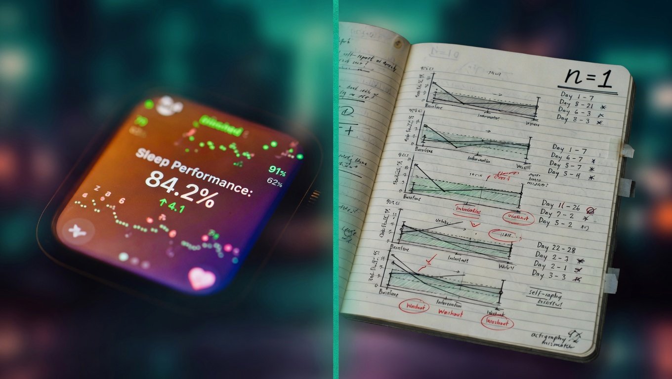 Smartwatch con métrica de sueño contrastado con cuaderno de laboratorio sobre fondo oscuro