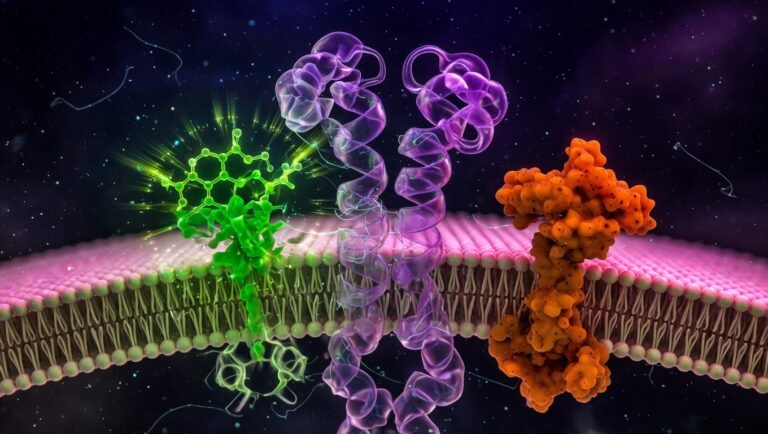 Dos ligandos sobre un mismo receptor GPCR — agonista verde activando y antagonista ámbar bloqueando — sobre fondo índigo profundo
