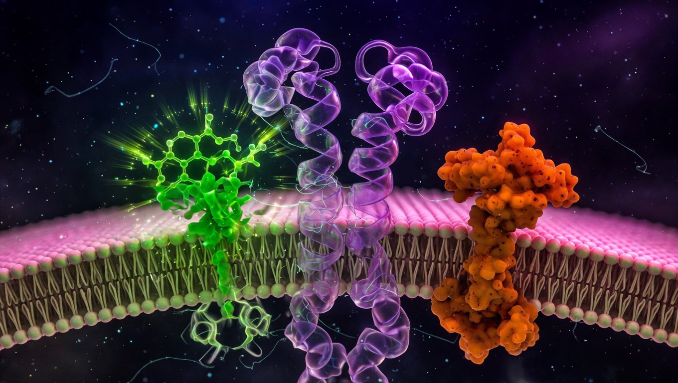 Dos ligandos sobre un mismo receptor GPCR — agonista verde activando y antagonista ámbar bloqueando — sobre fondo índigo profundo