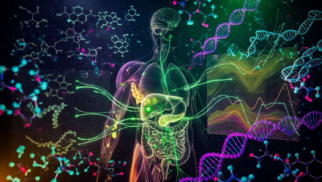 Composición editorial conceptual de la disfunción metabólica como red de órganos interconectados (hígado, páncreas, cerebro, músculo, tejido adiposo) con vías metabólicas verde-bio sobre fondo índigo, simbolizando la naturaleza sistémica del concepto.