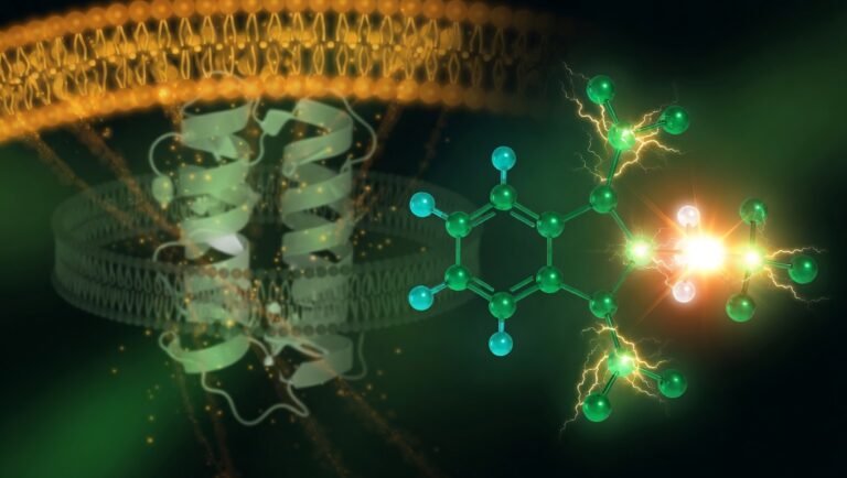 Molécula de ATP renderizada en verde esmeralda con tres grupos fosfato, ion magnesio coordinado y ATP sintasa mitocondrial fantasma de fondo sobre void índigo profundo.
