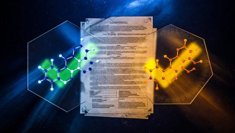 Estructuras moleculares contrapuestas de NR y NMN con diferencia de color sugiriendo distinto estatus regulatorio sobre fondo índigo profundo.
