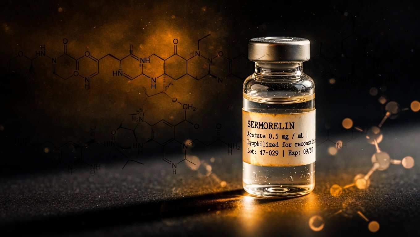 Vial de Sermorelin sobre superficie negra con luz lateral cinematográfica y resplandor amber.