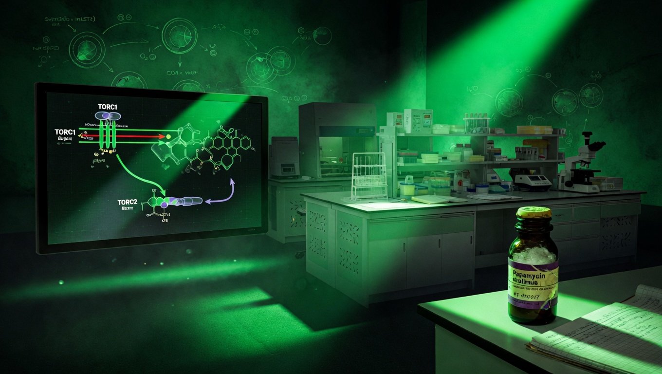 Entorno de investigación translacional con diagrama mTOR/rapamicina en pantalla científica, laboratorio asiático de longevidad y botella de rapamicina como diana terapéutica, iluminación verde-bio editorial con diagramas Sir2 fantasma al fondo.