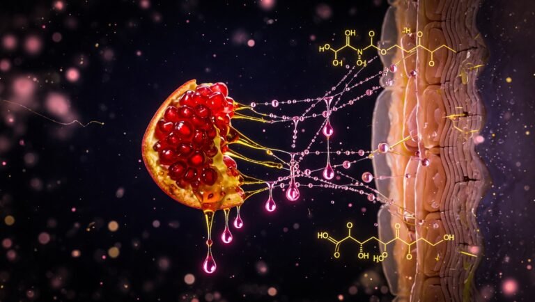 Semilla de granada partida con aceite dorado fragmentándose en gotas nanométricas rosadas atravesando epidermis humana sobre fondo índigo profundo.