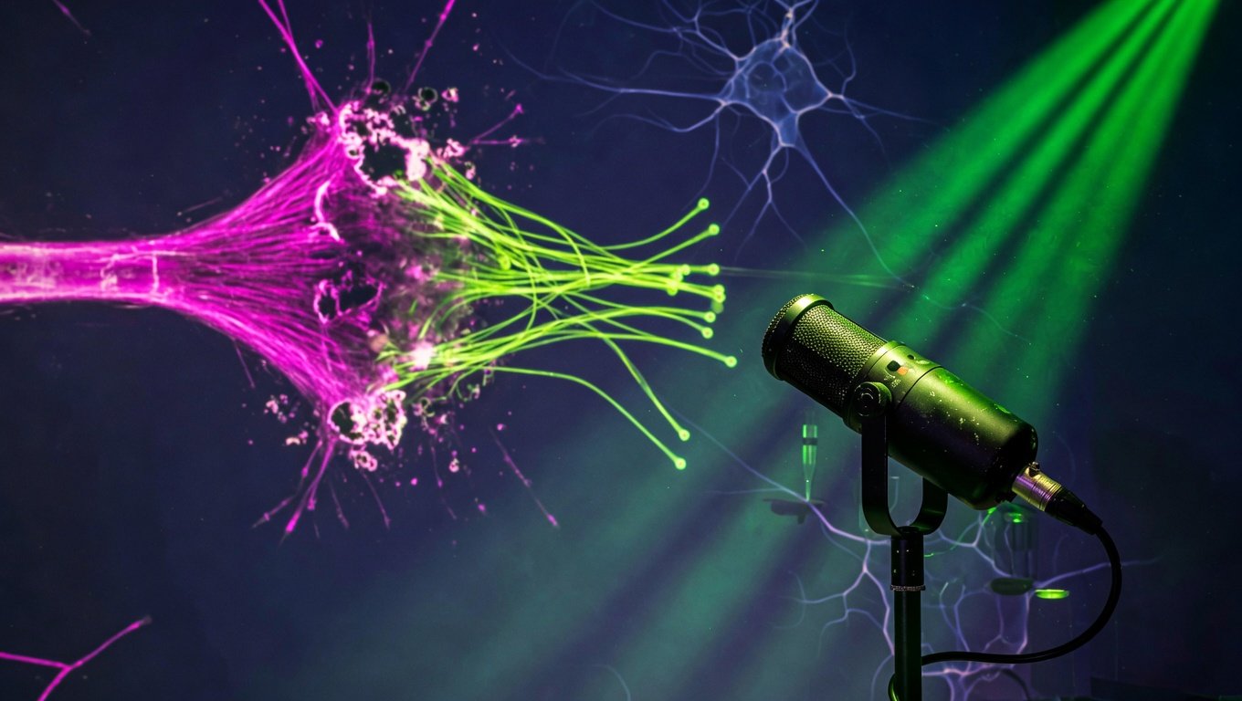 Entorno de investigación en neurociencia con micrografía de regeneración de axones retinales fluorescentes en pared izquierda y micrófono profesional de podcast en lateral derecho, iluminación verde-bio editorial con diagramas neurales fantasma al fondo.