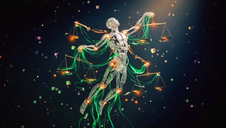 Visualización editorial científica del concepto de homeostasis dinámica, silueta humana compuesta por balanzas interconectadas con flujos de luz emerald-green sobre fondo índigo profundo, representando regulación adaptativa más que equilibrio estático.