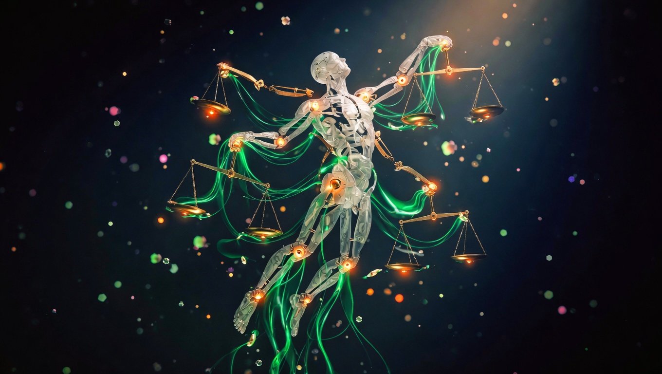 Visualización editorial científica del concepto de homeostasis dinámica, silueta humana compuesta por balanzas interconectadas con flujos de luz emerald-green sobre fondo índigo profundo, representando regulación adaptativa más que equilibrio estático.