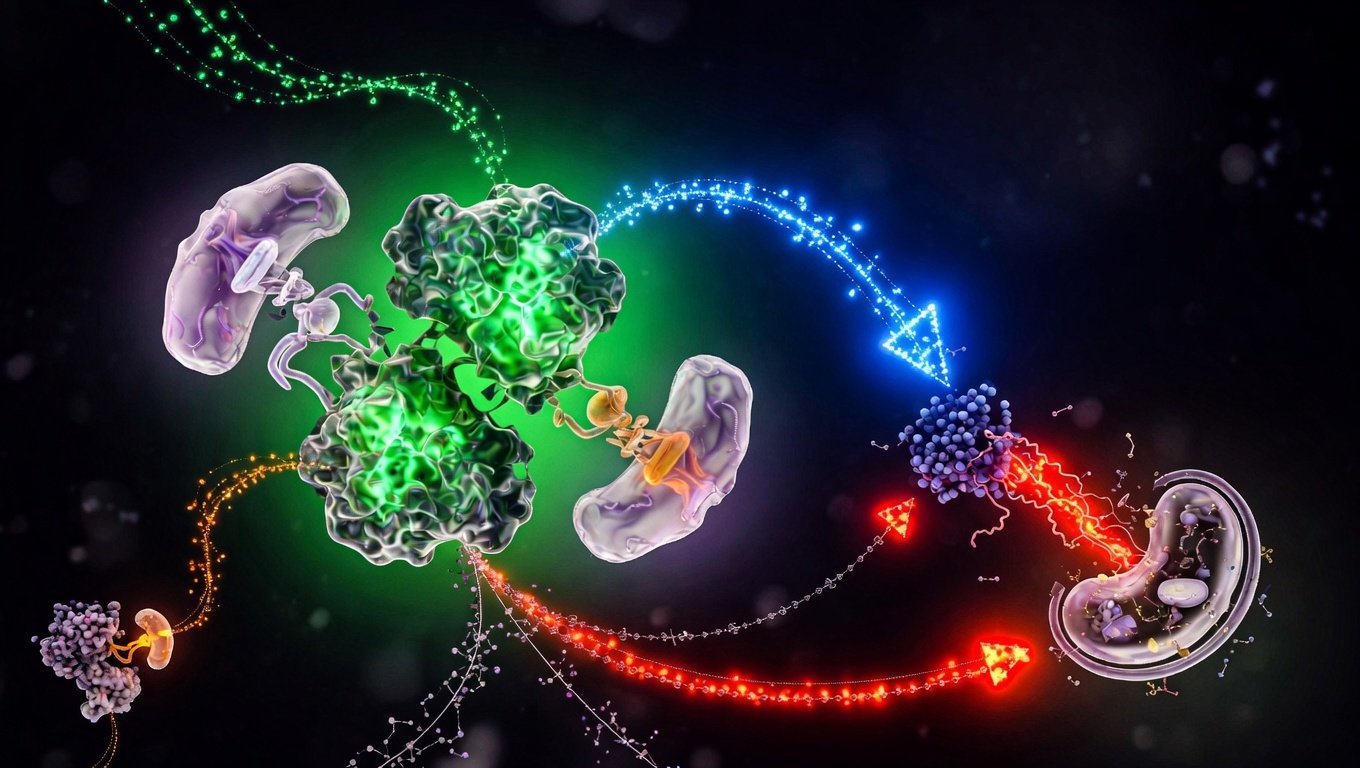 Complejo molecular mTOR translucido con nucleo catalitico verde esmeralda, dos satelites regulatorios Raptor y Rictor en orbita opuesta, y dos cascadas divergentes hacia sintesis proteica y autofagia sobre fondo indigo profundo.