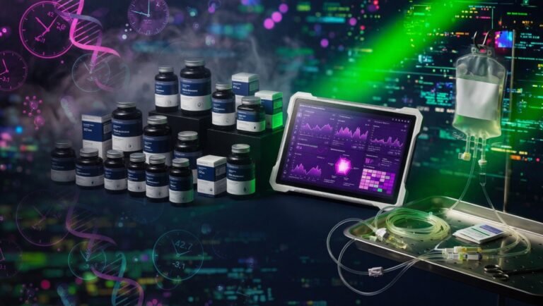 Laboratorio de biohacking extremo con array de suplementos comerciales, dashboard de biomarkers continuos en tablet médica, y setup de transfusión de plasma con bolsa vacía e IV tubing, iluminación verde-bio editorial con relojes epigenéticos fantasma al fondo.