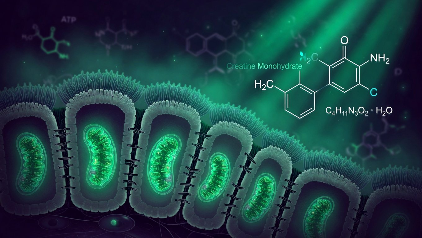 Sección transversal de epitelio intestinal con enterocitos y mitocondrias destacadas junto a estructura molecular de creatina monohidrato, ilustración editorial científica con iluminación emerald.