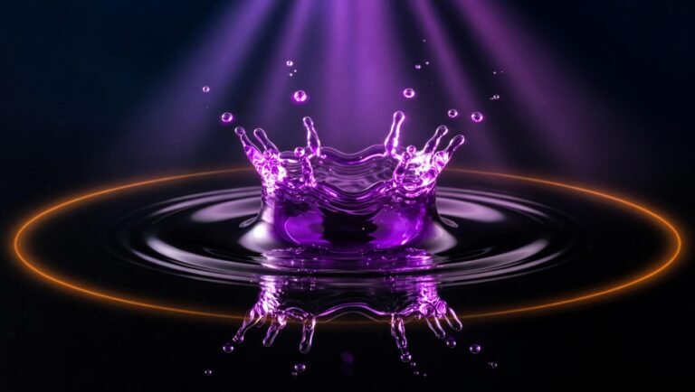 Gota de líquido violeta impactando sobre superficie pulida negra con corona de salpicadura suspendida y tres ondas concéntricas expandiéndose, anillo exterior tenue en ámbar frío, sobre fondo índigo profundo