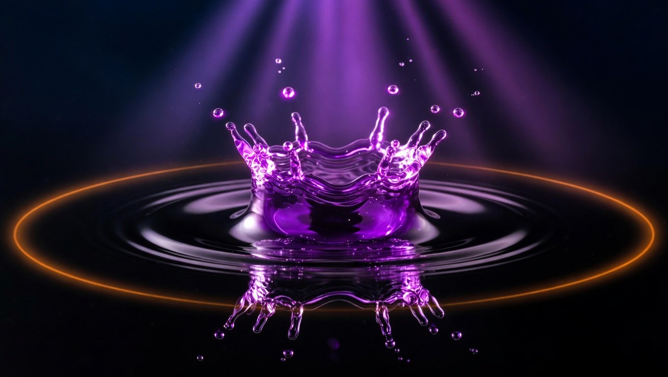 Gota de líquido violeta impactando sobre superficie pulida negra con corona de salpicadura suspendida y tres ondas concéntricas expandiéndose, anillo exterior tenue en ámbar frío, sobre fondo índigo profundo