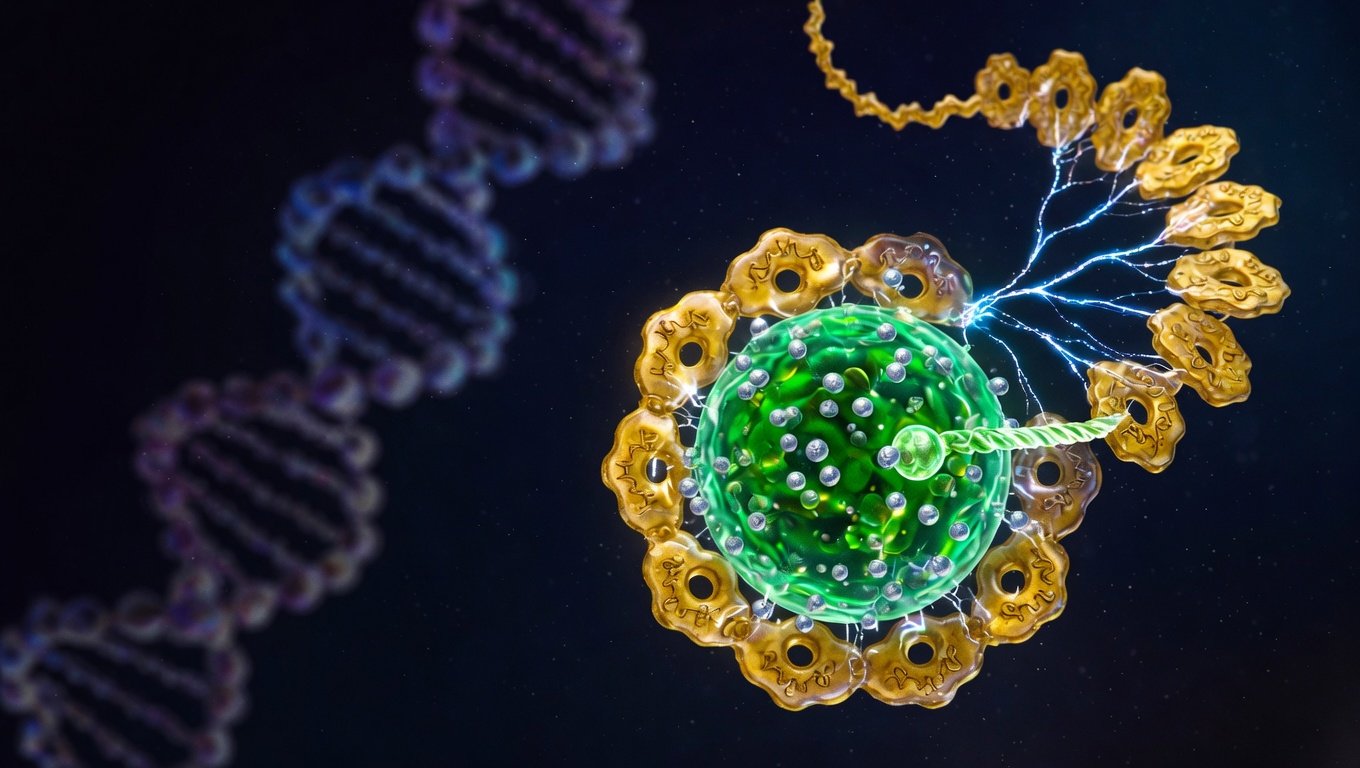 Partícula de lipoproteína(a) con núcleo LDL verde y cola apo(a) en kringles ámbar sobre fondo índigo profundo