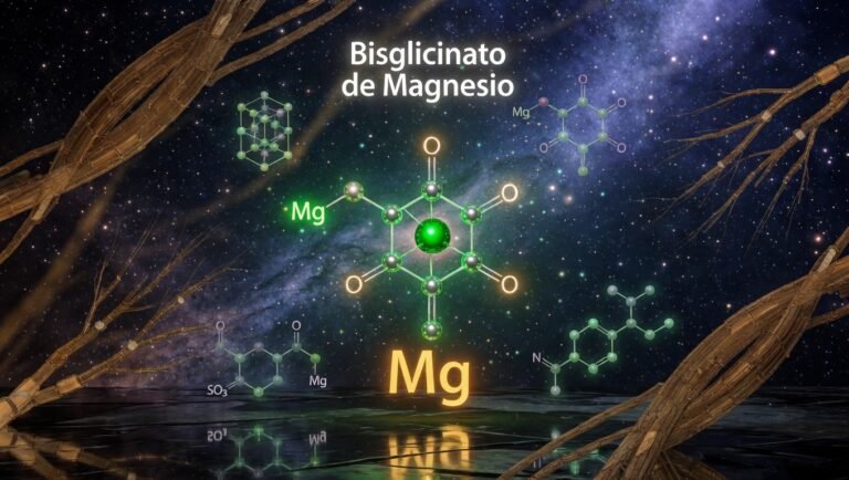 Estructura molecular de magnesio bisglicinato quelado en el centro rodeada de cuatro formas alternativas de magnesio sobre fondo índigo profundo, composición editorial