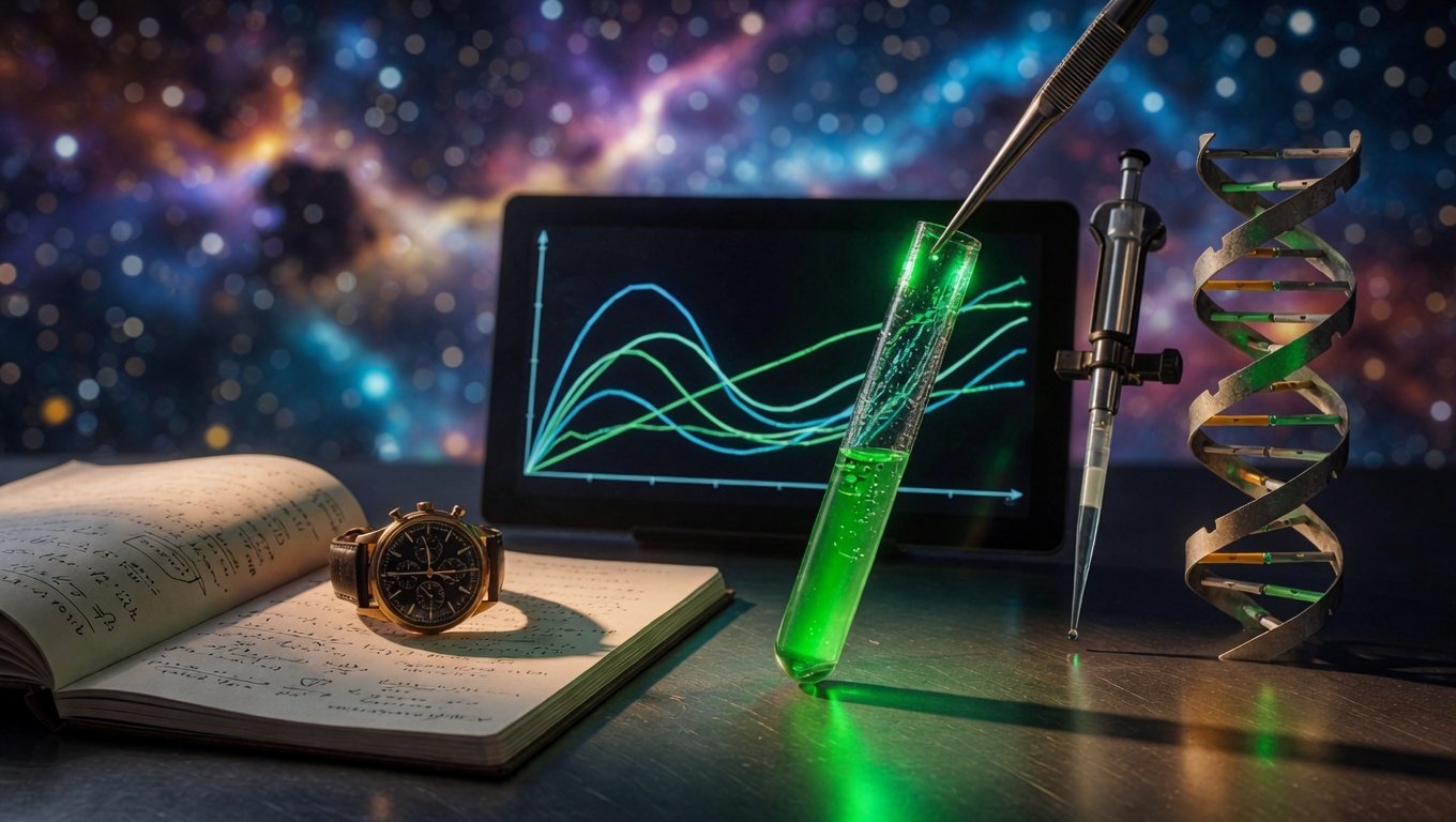 Composición editorial de laboratorio sobre edad biológica con tubo de suero sanguíneo, gráfico de trayectoria longitudinal, cronógrafo vintage simbolizando edad cronológica, hélice de ADN en metal pulido, iluminación verde-bio emerald sobre fondo índigo profundo.