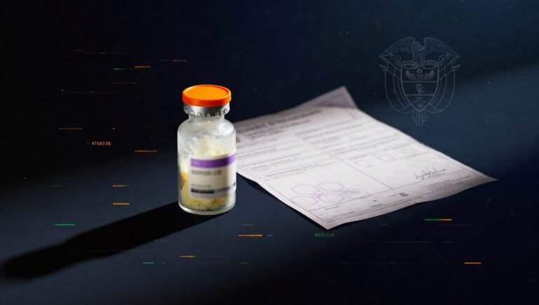 Vial peptídico junto a documento oficial de fórmula médica colombiana en fondo índigo profundo, símbolo del marco regulatorio INVIMA y la legalidad de péptidos en Colombia