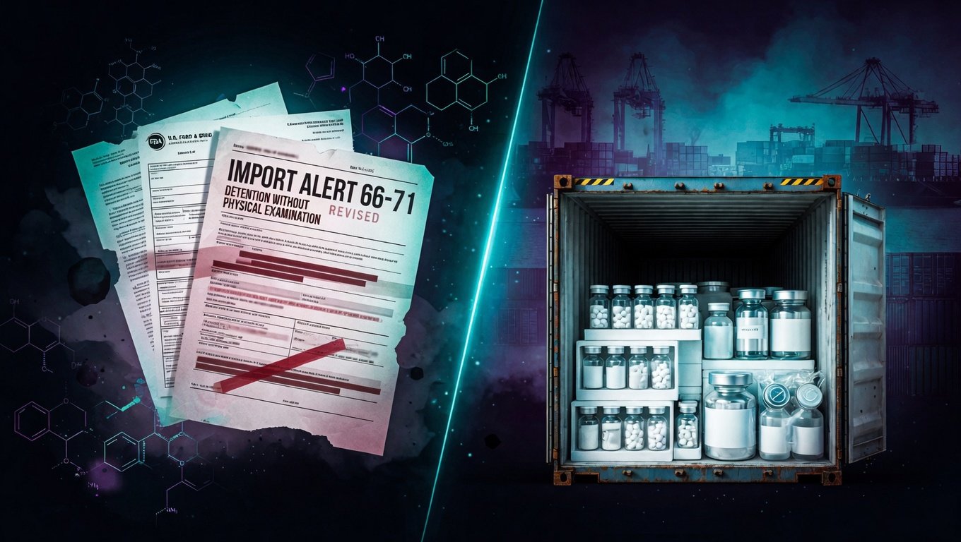 Documento FDA Import Alert 66-71 junto a contenedor de carga con viales de HGH y barrera aduanera sugerida, iluminación teal corporativa neutra KRECE, ilustración editorial regulatoria.