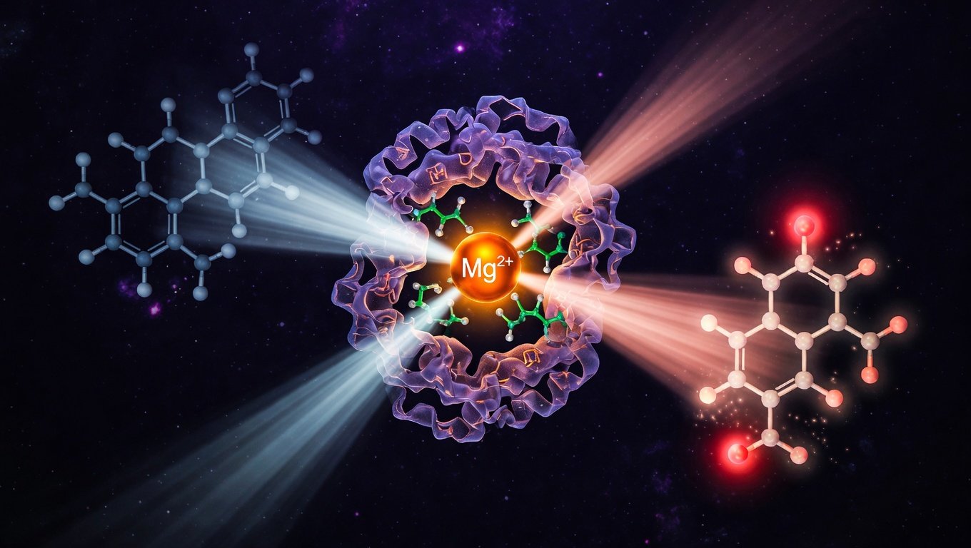 Transformación enzimática de colecalciferol a calcitriol con ion magnesio amber en el centro catalítico de la hidroxilasa sobre fondo oscuro.