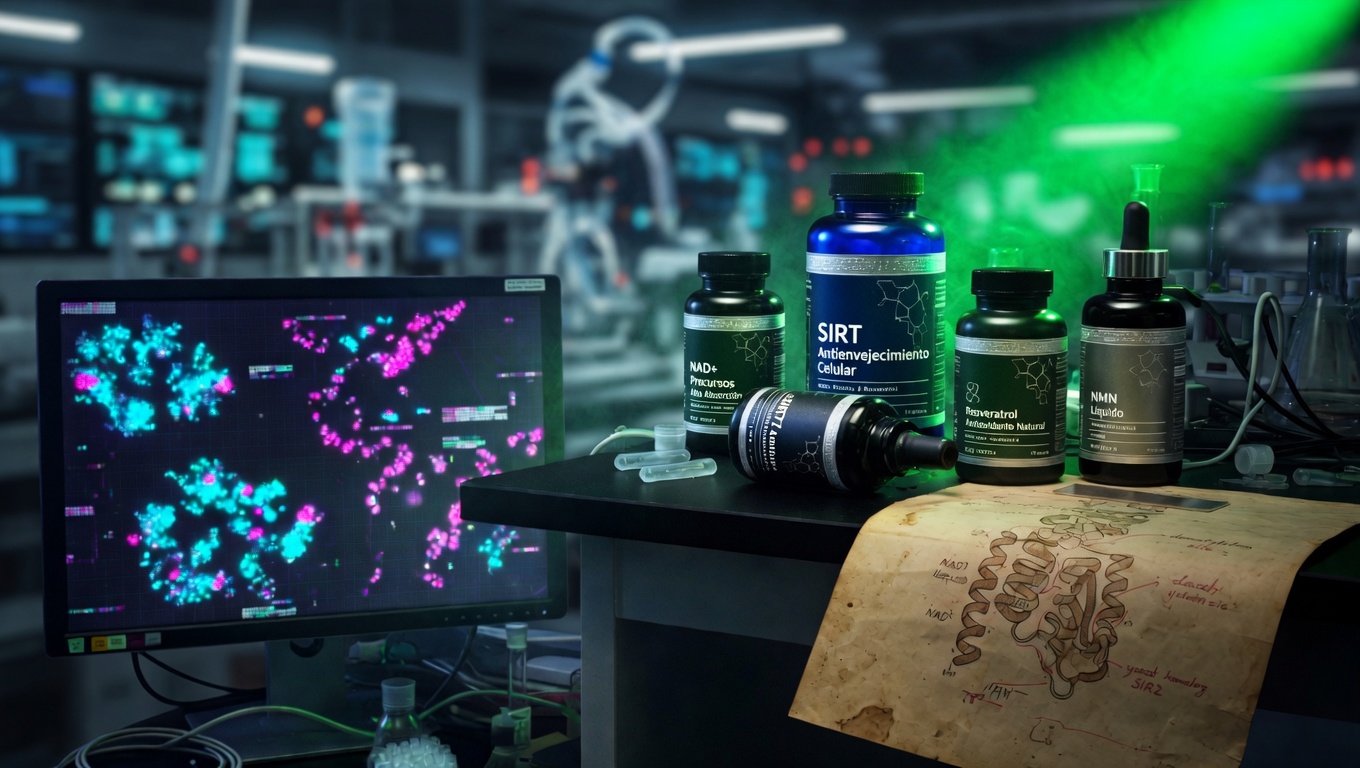 Laboratorio de biología molecular con visualización fluorescente de patrones de metilación epigenética en pantalla, array de suplementos con diseño académico-comercial, y diagrama antiguo de SIRT1 en pergamino, iluminación verde-bio editorial con factores Yamanaka fantasma al fondo.
