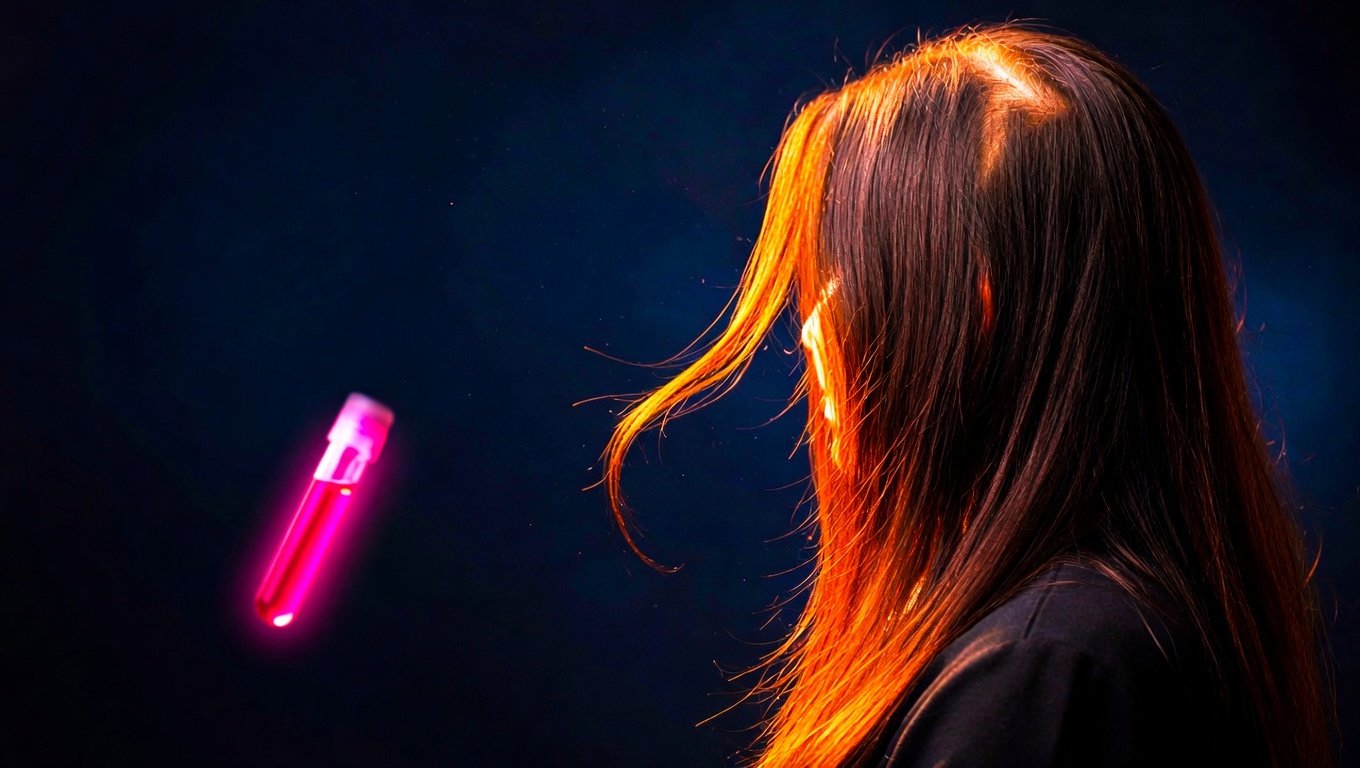 Cabello femenino castaño con luz ámbar lateral y una hebra suspendida en el aire, tubo de extracción rosa fuera de foco en primer plano sobre fondo índigo profundo