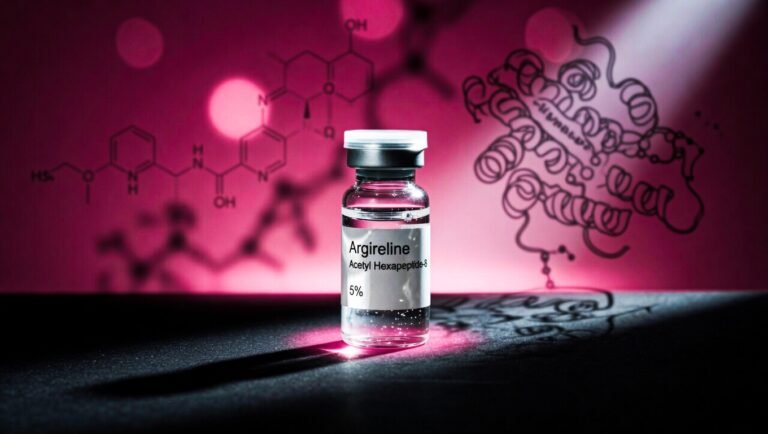 Vial cosmético transparente con sérum de Argireline sobre superficie negra con halo rosa Beauty y sombras moleculares de complejo SNARE en fondo desaturado