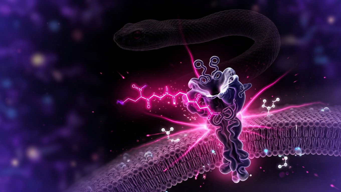 Tripéptido Syn-Ake bloqueando receptor nAChR postsináptico con glow rosa sobre fondo negro — KRECE Precision Longevity
