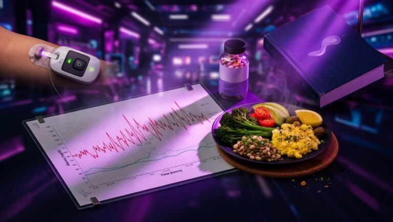 Entorno de investigación metabólica con dispositivo CGM, gráfico de curva glucosa, desayuno alto en proteína con vegetales, frasco de suplemento dietético y libro hardback Glucose Revolution, iluminación purple-violet editorial.