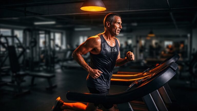 Adulto de unos 50 años corriendo en cinta durante uno de los cuatro intervalos del protocolo Norwegian 4×4 en gimnasio industrial minimalista, iluminación amber cenital con sombra dramática sobre fondo navy-black vignette, motion blur en piernas reforzando la sensación de esfuerzo de alta intensidad.